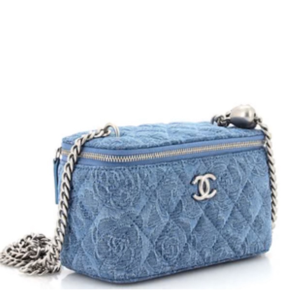 CHANEL Sweetheart Vanity Case with Chain Quilted Camellia Denim Small